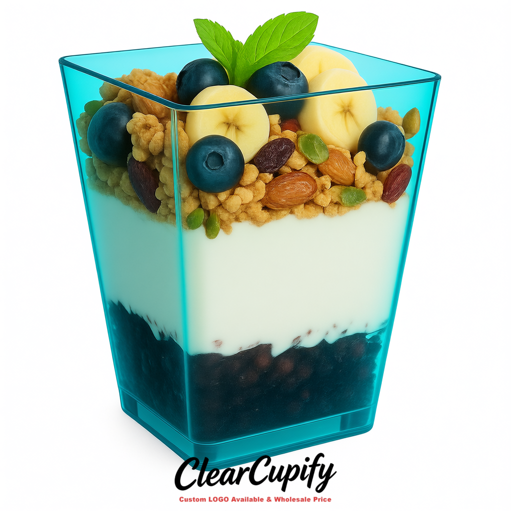 Wholesale Cyan 5 oz Square Clear Plastic Dessert Cups with Spoons for Appetizers, Puddings, Mousse, Parfait