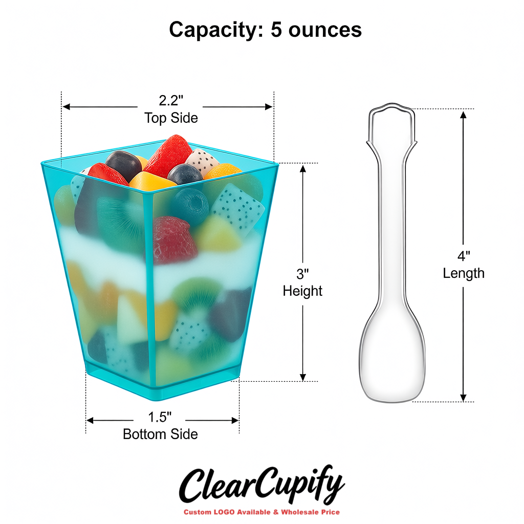 Wholesale Cyan 5 oz Square Clear Plastic Dessert Cups with Spoons for Appetizers, Puddings, Mousse, Parfait
