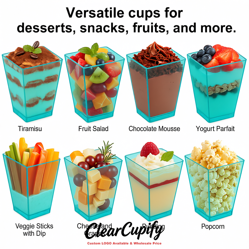 Wholesale Cyan 5 oz Square Clear Plastic Dessert Cups with Spoons for Appetizers, Puddings, Mousse, Parfait