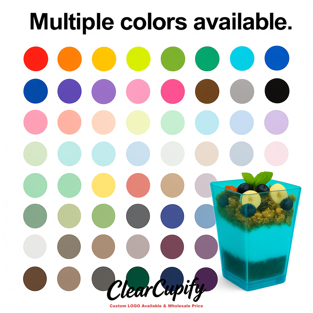 Wholesale Cyan 5 oz Square Clear Plastic Dessert Cups with Spoons for Appetizers, Puddings, Mousse, Parfait