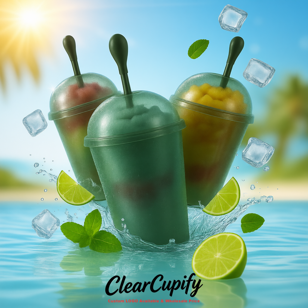 Dark Green 16 oz Plastic Slushie Cups with Dome Lid & Detachable Spoon Straws for Milkshake, Boba, Smoothies, Iced Coffee