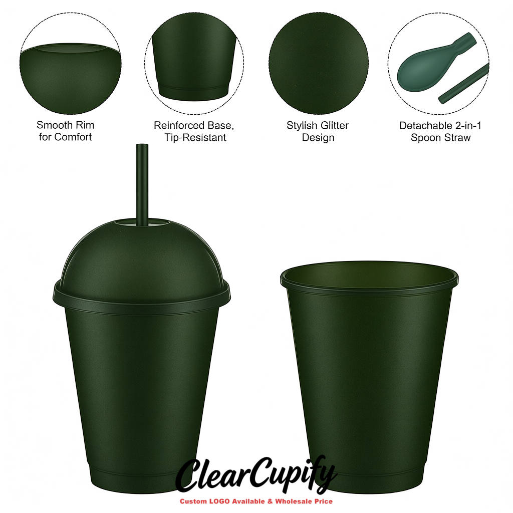 Dark Green 16 oz Plastic Slushie Cups with Dome Lid & Detachable Spoon Straws for Milkshake, Boba, Smoothies, Iced Coffee