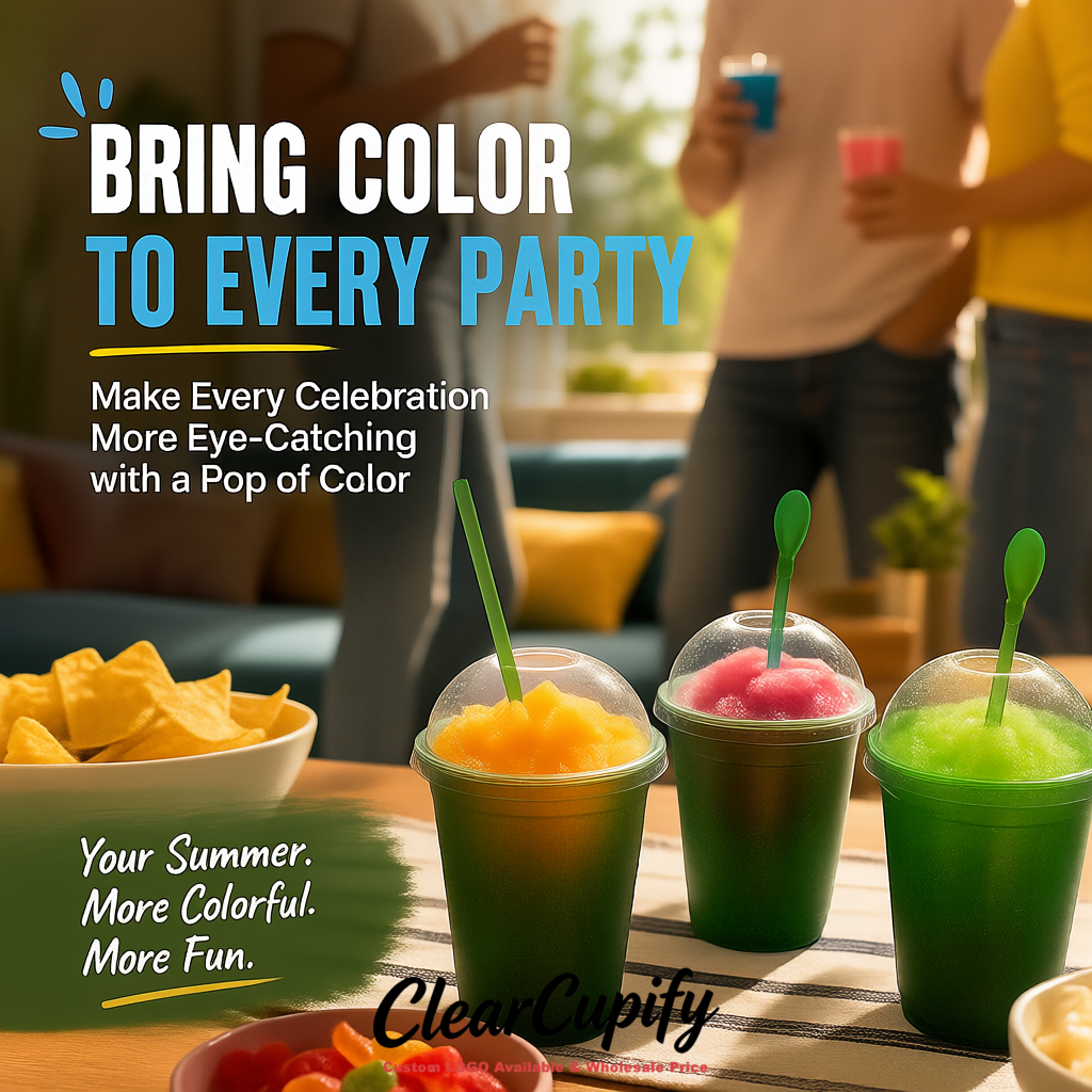 Dark Green 16 oz Plastic Slushie Cups with Dome Lid & Detachable Spoon Straws for Milkshake, Boba, Smoothies, Iced Coffee