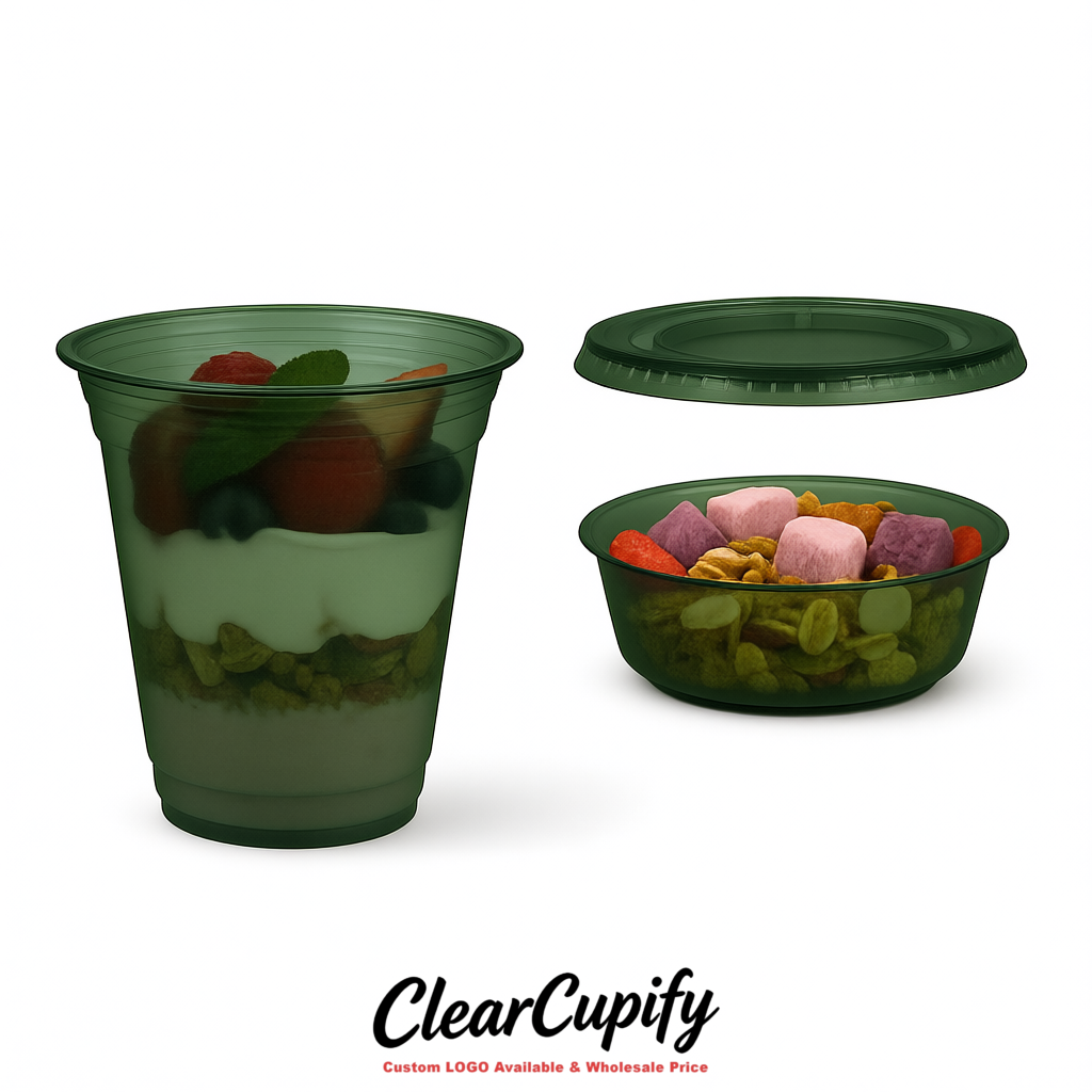 Dark Green 12 oz Disposable Plastic Parfait Cups with Insert & Flat lids 3.85 x 2.1 x 4 inches
