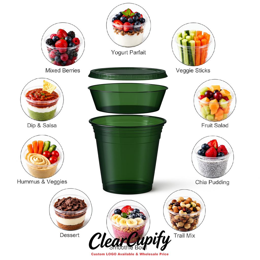 Dark Green 12 oz Disposable Plastic Parfait Cups with Insert & Flat lids 3.85 x 2.1 x 4 inches