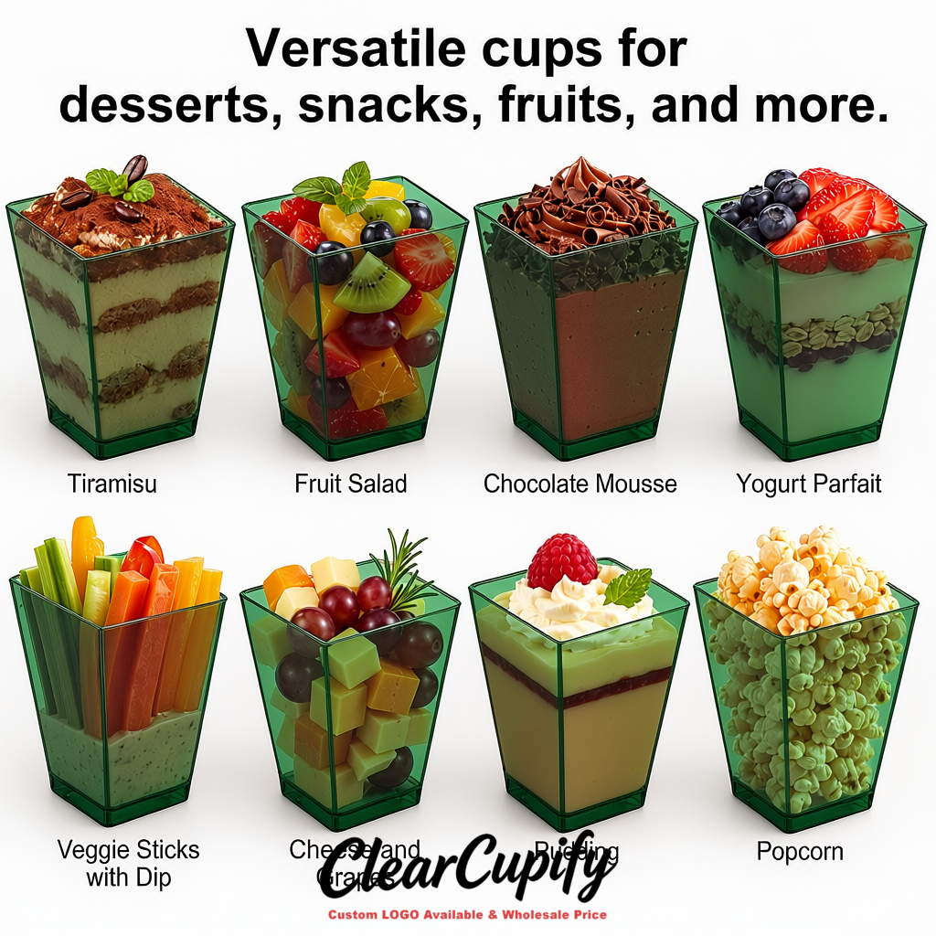 Wholesale Dark Green 5 oz Square Clear Plastic Dessert Cups with Spoons for Appetizers, Puddings, Mousse, Parfait Wholesale Dark Green 5 oz Square Clear Plastic Dessert Cups with Spoons for Appetizers, Puddings, Mousse, Parfait
