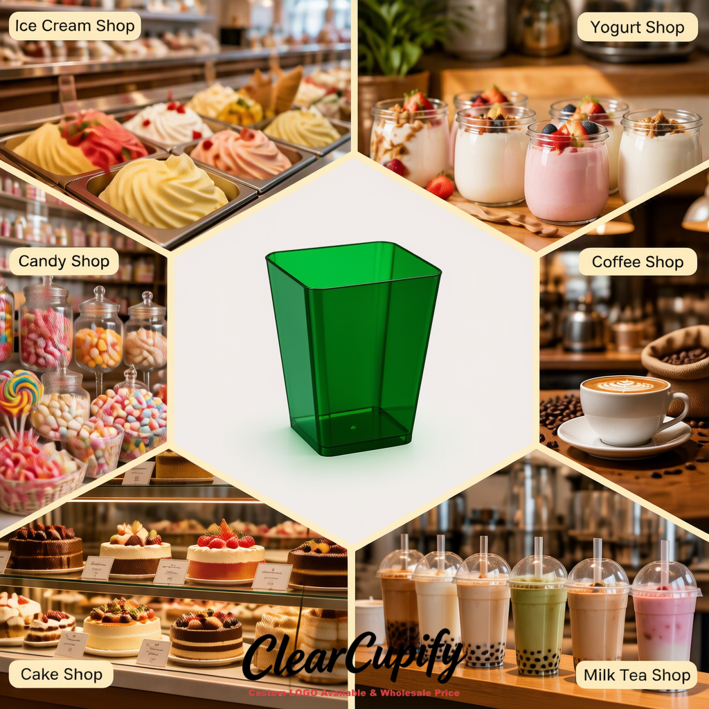 Wholesale Dark Green 5 oz Square Clear Plastic Dessert Cups with Spoons for Appetizers, Puddings, Mousse, Parfait