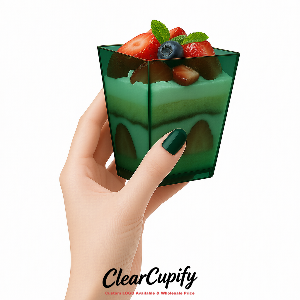 Wholesale Dark Green 5 oz Square Clear Plastic Dessert Cups with Spoons for Appetizers, Puddings, Mousse, Parfait