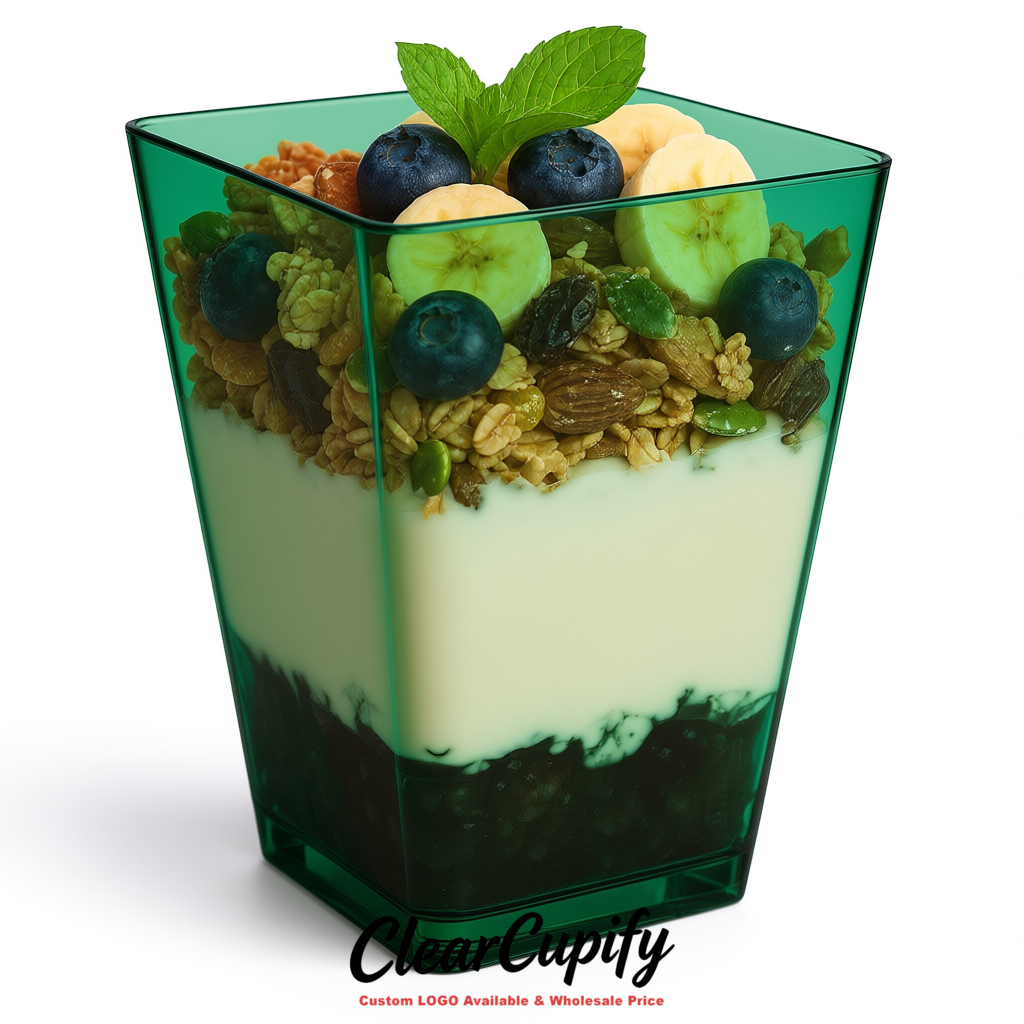 Wholesale Dark Green 5 oz Square Clear Plastic Dessert Cups with Spoons for Appetizers, Puddings, Mousse, Parfait
