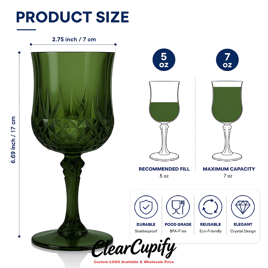 Dark Green 7oz Acrylic Plastic Wine Goblets - 2.7 x 6.7 inches Party & Wedding Wine Glasses