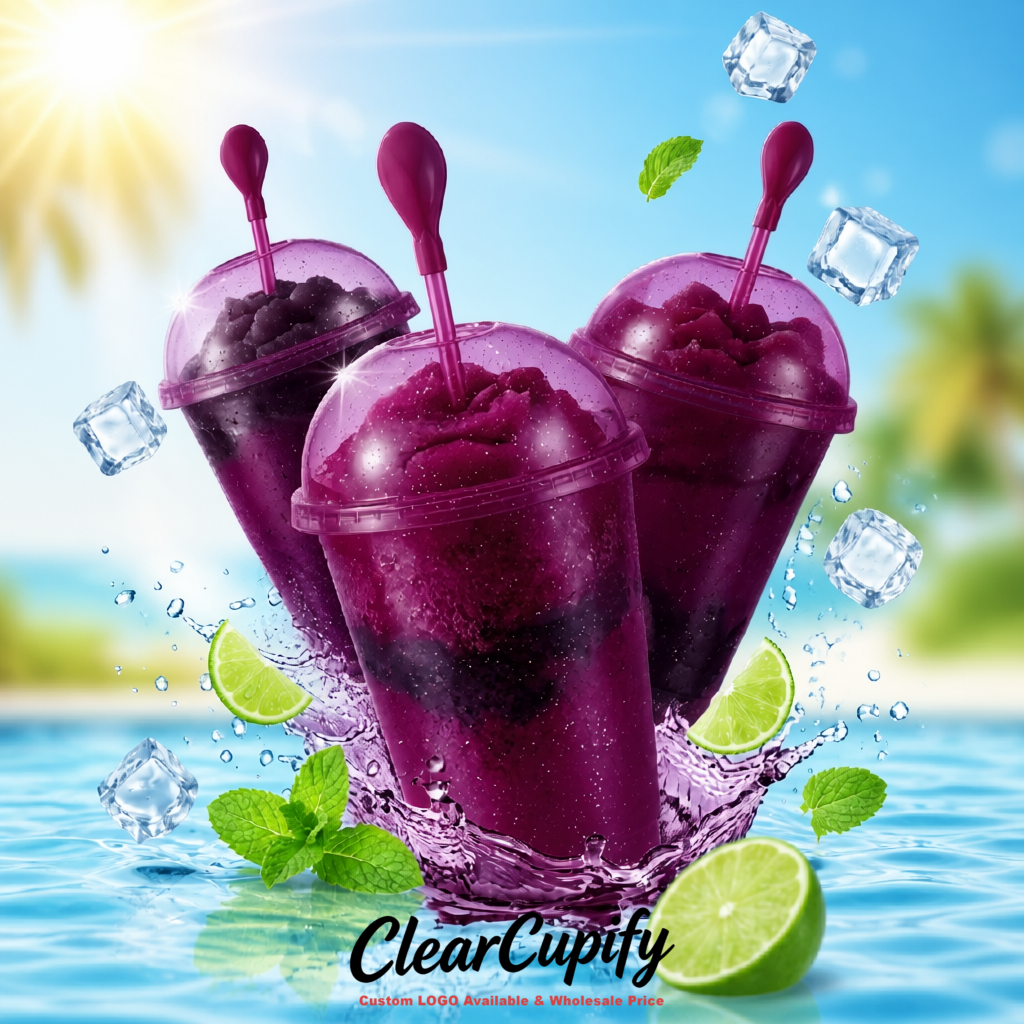 Dark Violet 16 oz Plastic Slushie Cups with Dome Lid & Detachable Spoon Straws for Milkshake, Boba, Smoothies, Iced Coffee