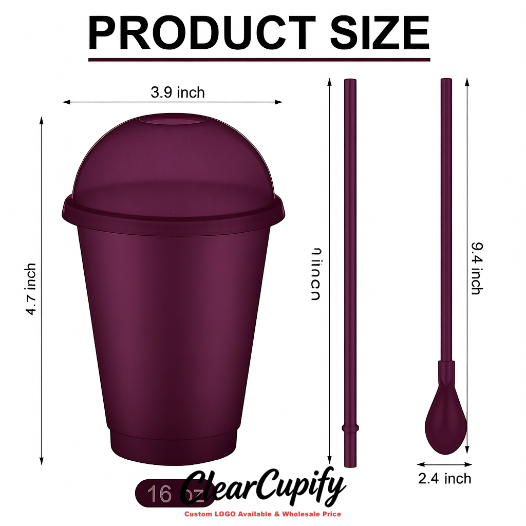 Dark Violet 16 oz Plastic Slushie Cups with Dome Lid & Detachable Spoon Straws for Milkshake, Boba, Smoothies, Iced Coffee