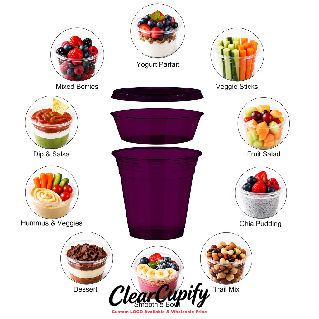 Dark Violet 12 oz Disposable Plastic Parfait Cups with Insert & Flat lids 3.85 x 2.1 x 4 inches