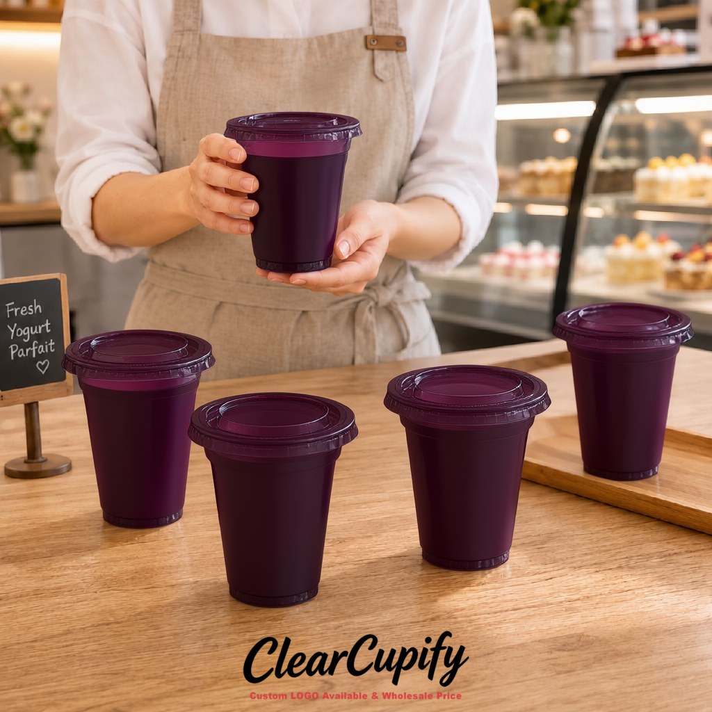 Dark Violet 12 oz Disposable Plastic Parfait Cups with Insert & Flat lids 3.85 x 2.1 x 4 inches Dark Violet 12 oz Disposable Plastic Parfait Cups with Insert & Flat lids 3.85 x 2.1 x 4 inches