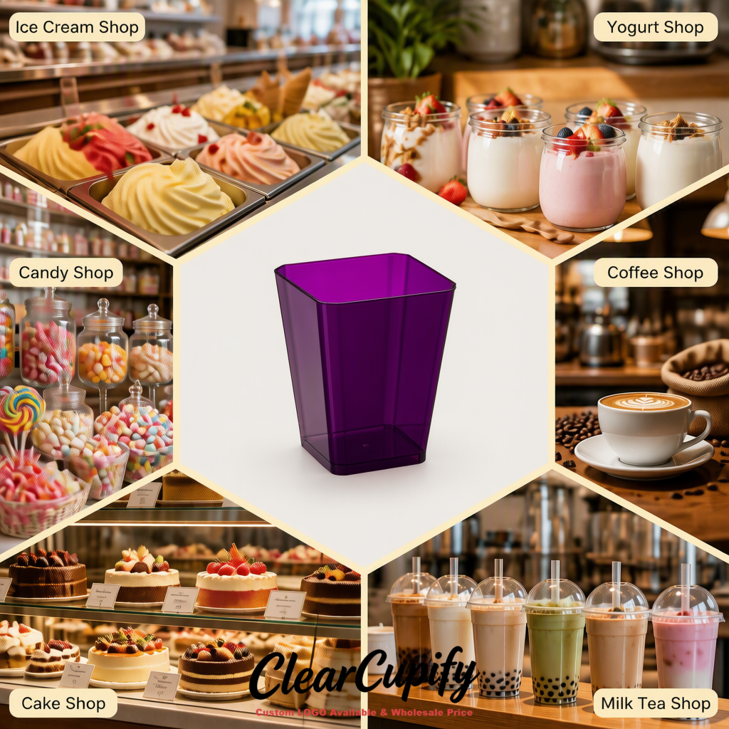 Wholesale Dark Violet 5 oz Square Clear Plastic Dessert Cups with Spoons for Appetizers, Puddings, Mousse, Parfait