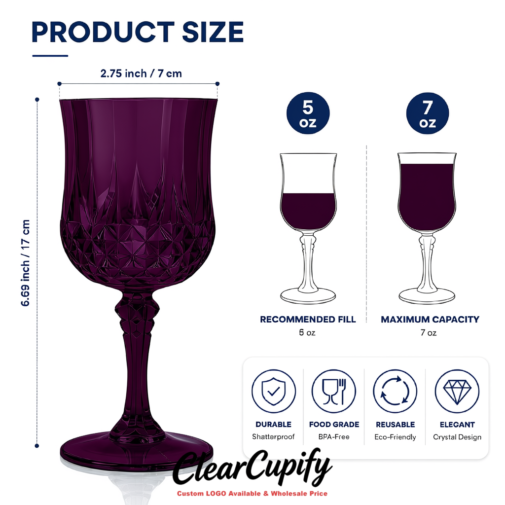 Dark Violet 7oz Acrylic Plastic Wine Goblets - 2.7 x 6.7 inches Party & Wedding Wine Glasses