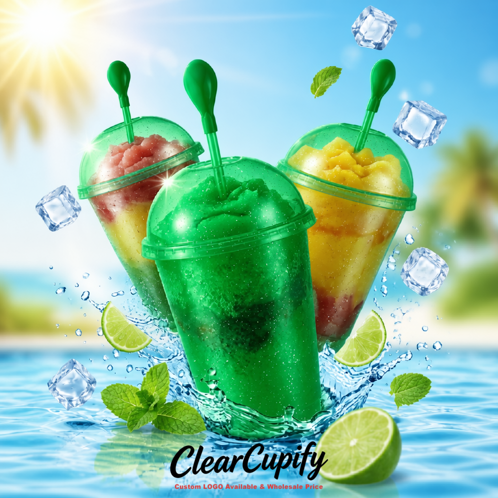 Emerald Green 16 oz Plastic Slushie Cups with Dome Lid & Detachable Spoon Straws for Milkshake, Boba, Smoothies, Iced Coffee
