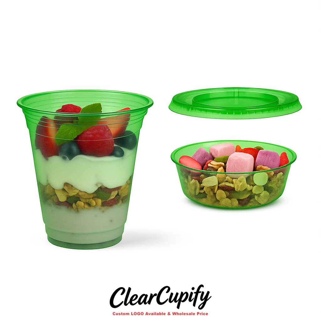 Emerald Green 12 oz Disposable Plastic Parfait Cups with Insert & Flat lids 3.85 x 2.1 x 4 inches