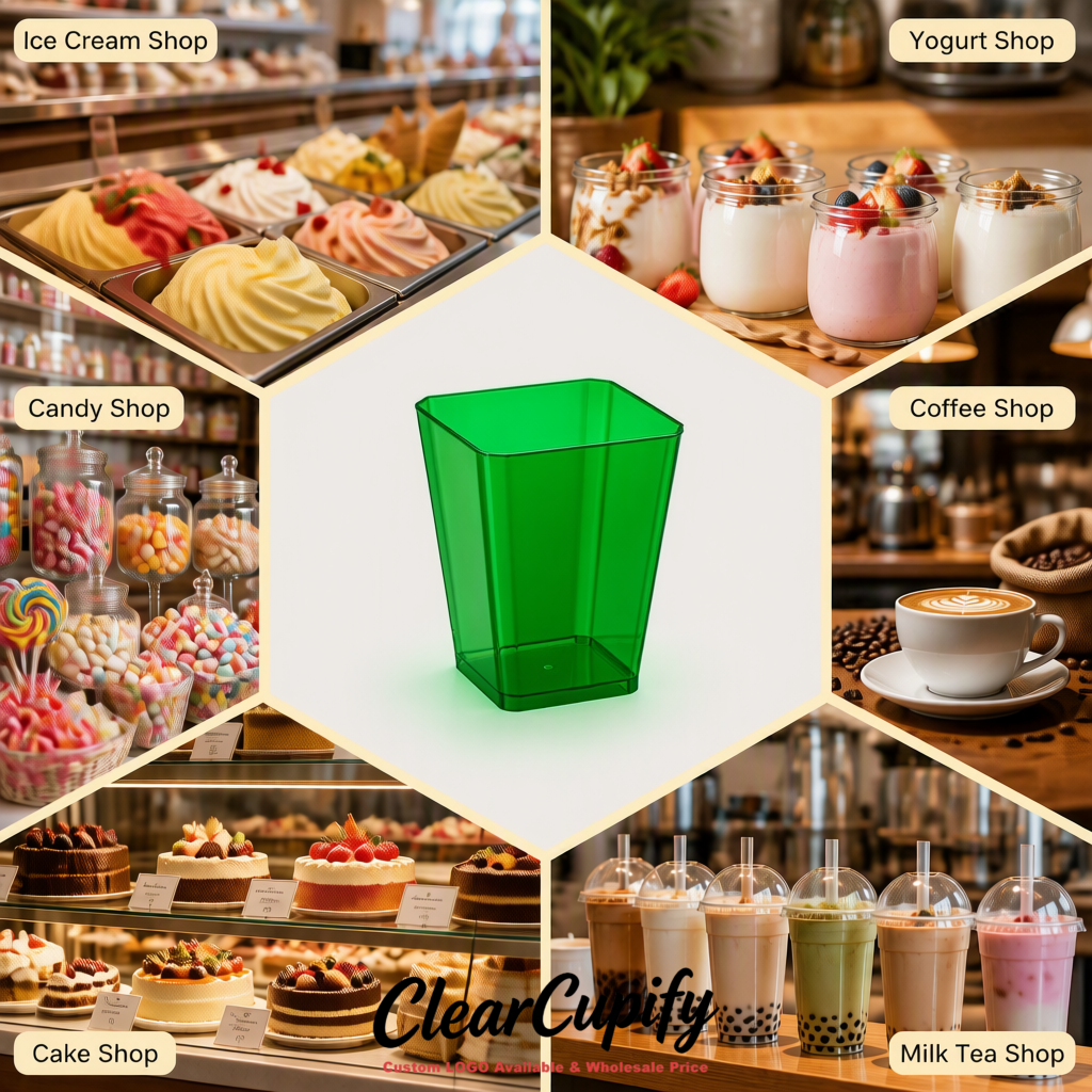 Wholesale Emerald Green 5 oz Square Clear Plastic Dessert Cups with Spoons for Appetizers, Puddings, Mousse, Parfait