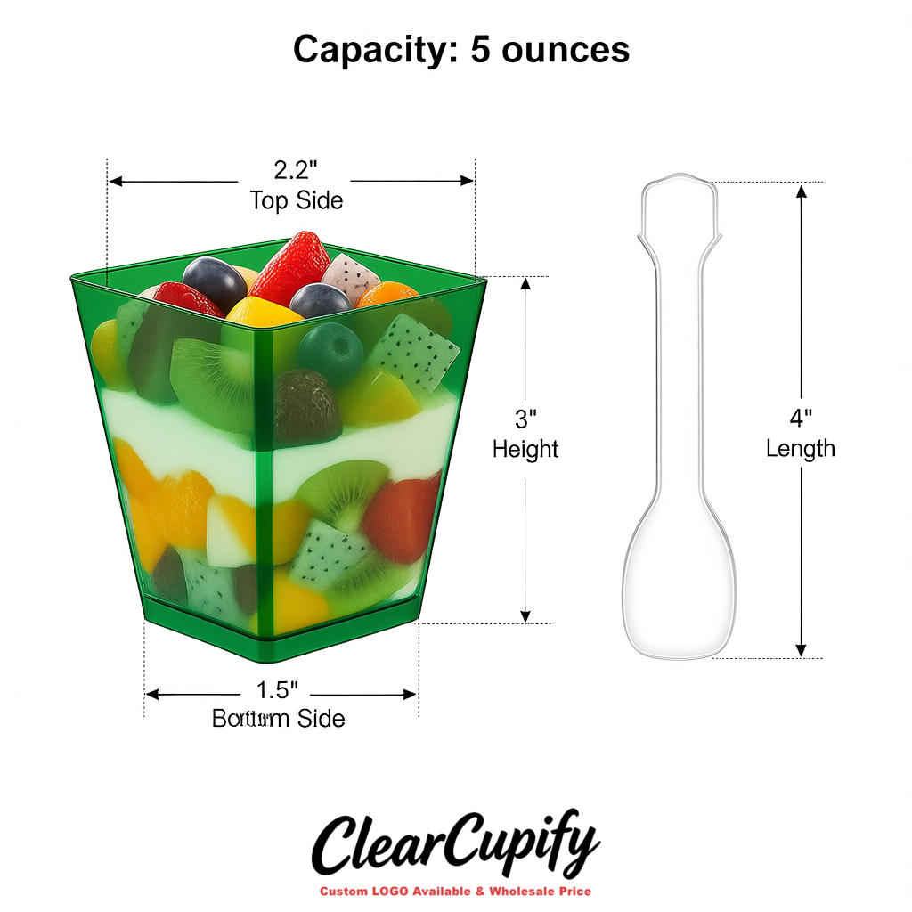Wholesale Emerald Green 5 oz Square Clear Plastic Dessert Cups with Spoons for Appetizers, Puddings, Mousse, Parfait