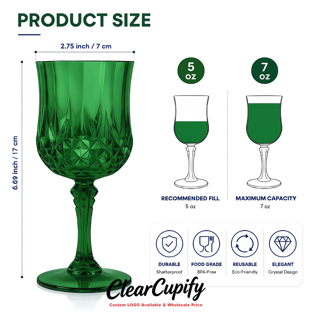 Emerald Green 7oz Acrylic Plastic Wine Goblets - 2.7 x 6.7 inches Party & Wedding Wine Glasses