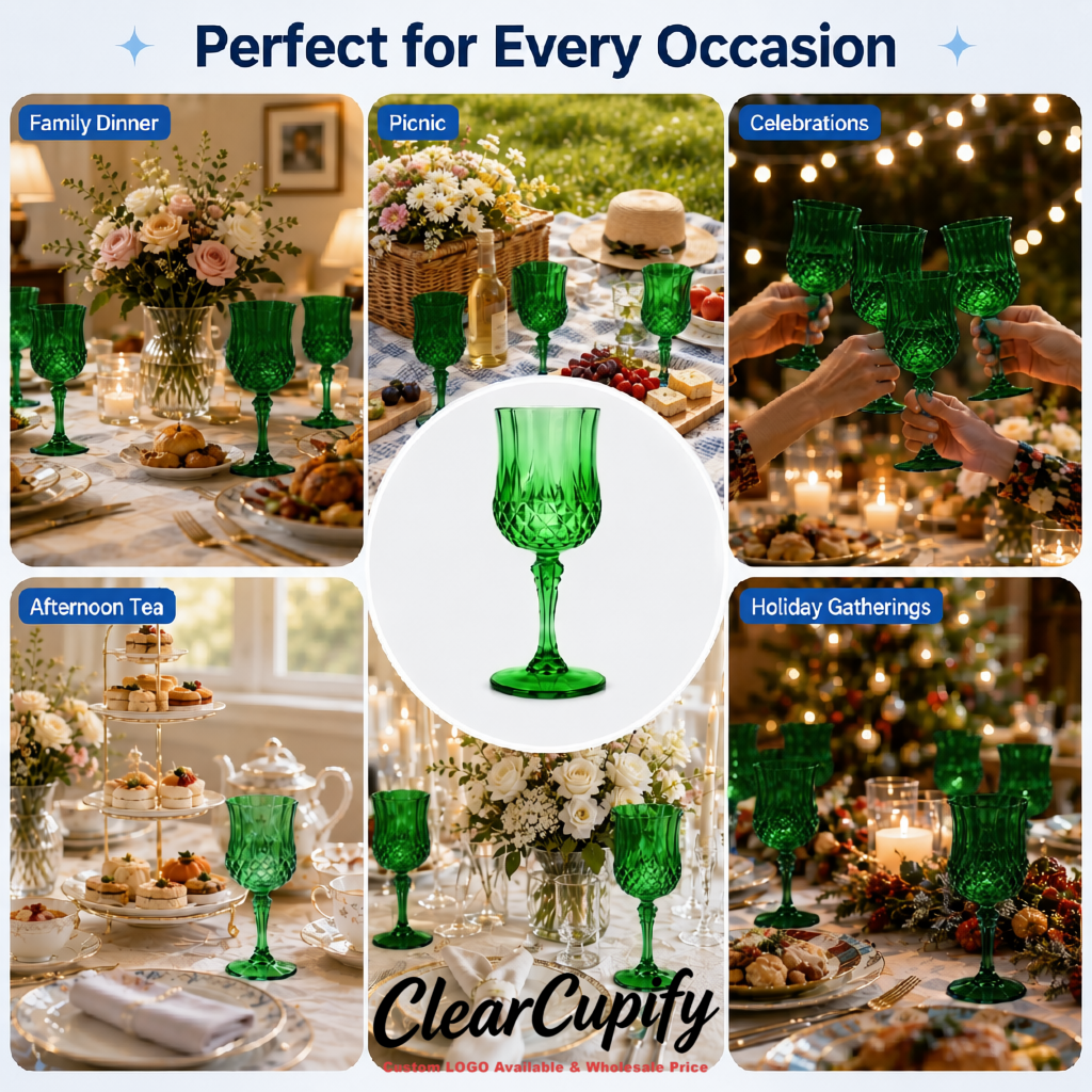 Emerald Green 7oz Acrylic Plastic Wine Goblets - 2.7 x 6.7 inches Party & Wedding Wine Glasses