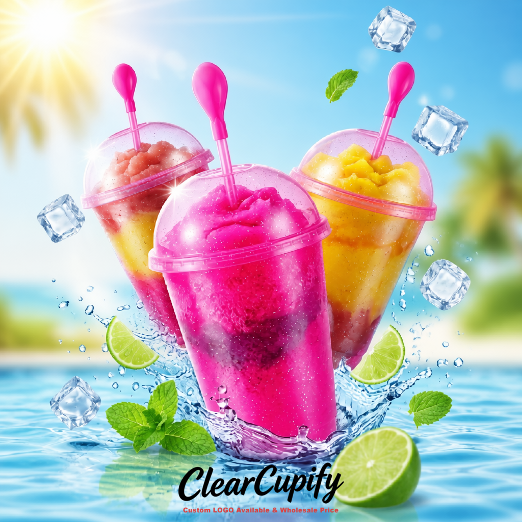 Fuchsia 16 oz Plastic Slushie Cups with Dome Lid & Detachable Spoon Straws for Milkshake, Boba, Smoothies, Iced Coffee