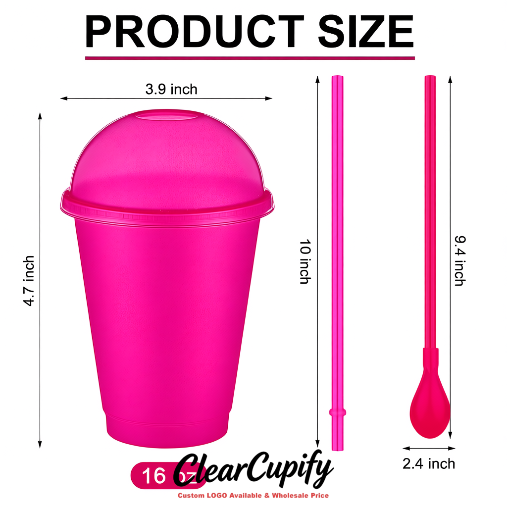 Fuchsia 16 oz Plastic Slushie Cups with Dome Lid & Detachable Spoon Straws for Milkshake, Boba, Smoothies, Iced Coffee