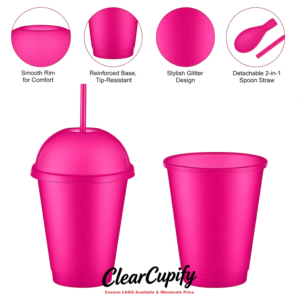 Fuchsia 16 oz Plastic Slushie Cups with Dome Lid & Detachable Spoon Straws for Milkshake, Boba, Smoothies, Iced Coffee