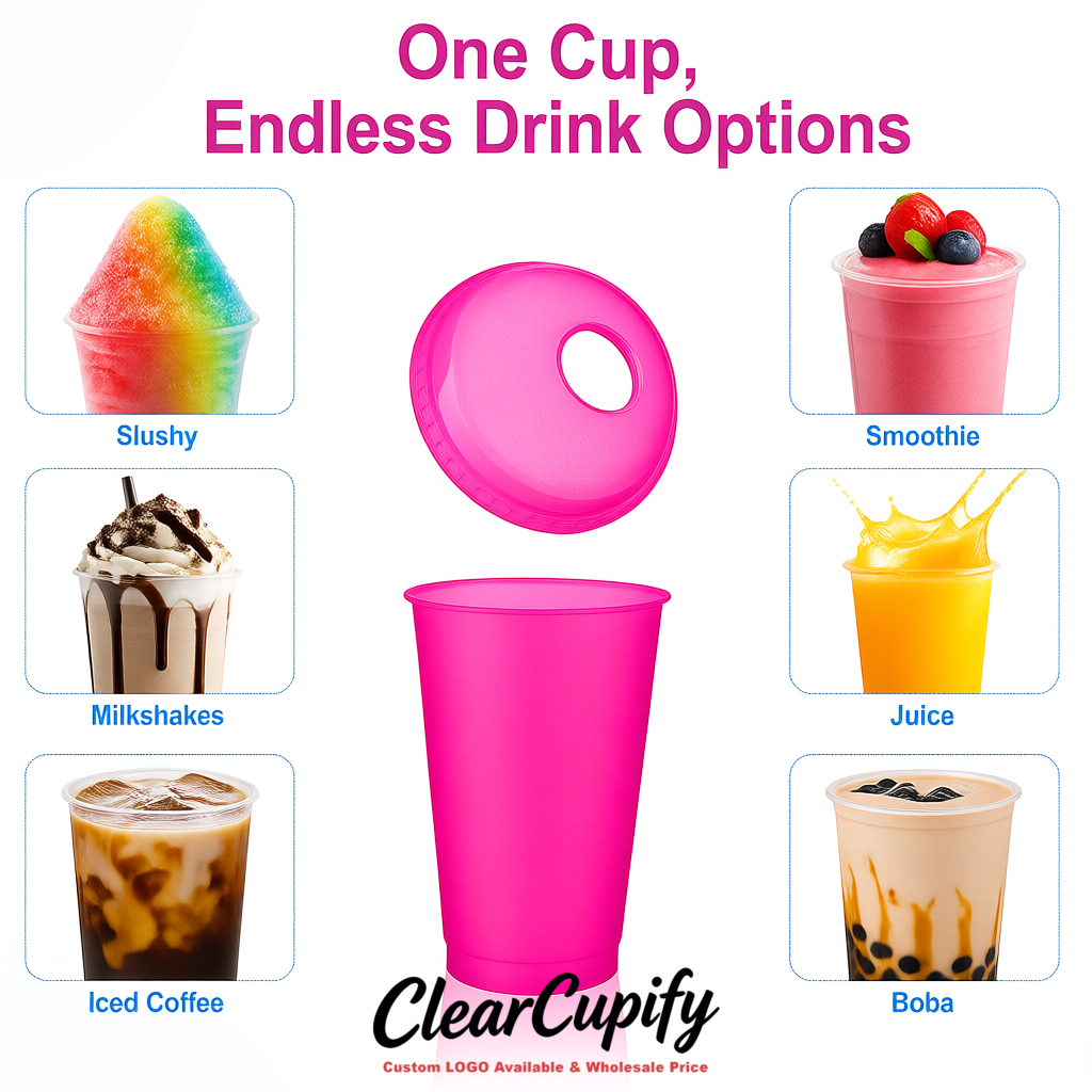Fuchsia 16 oz Plastic Slushie Cups with Dome Lid & Detachable Spoon Straws for Milkshake, Boba, Smoothies, Iced Coffee Fuchsia 16 oz Plastic Slushie Cups with Dome Lid & Detachable Spoon Straws for Milkshake, Boba, Smoothies, Iced Coffee