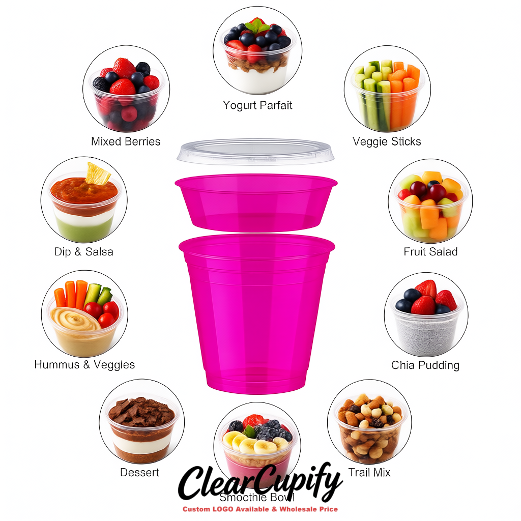 Fuchsia 12 oz Disposable Plastic Parfait Cups with Insert & Flat lids 3.85 x 2.1 x 4 inches