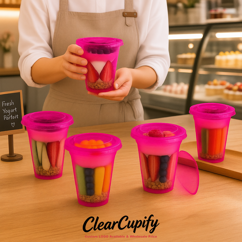 Fuchsia 12 oz Disposable Plastic Parfait Cups with Insert & Flat lids 3.85 x 2.1 x 4 inches