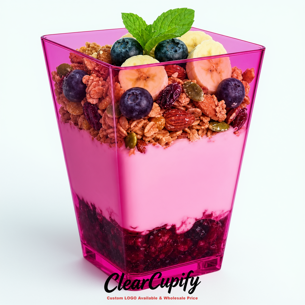 Wholesale Fuchsia 5 oz Square Clear Plastic Dessert Cups with Spoons for Appetizers, Puddings, Mousse, Parfait