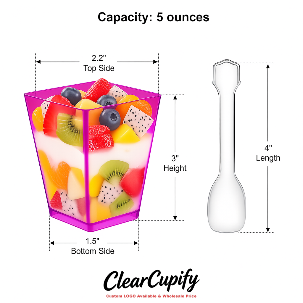 Wholesale Fuchsia 5 oz Square Clear Plastic Dessert Cups with Spoons for Appetizers, Puddings, Mousse, Parfait