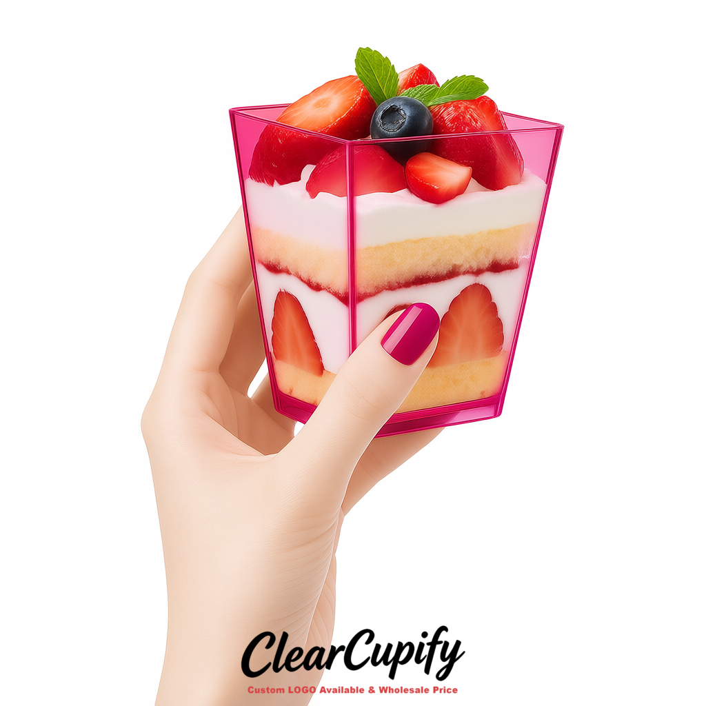 Wholesale Fuchsia 5 oz Square Clear Plastic Dessert Cups with Spoons for Appetizers, Puddings, Mousse, Parfait
