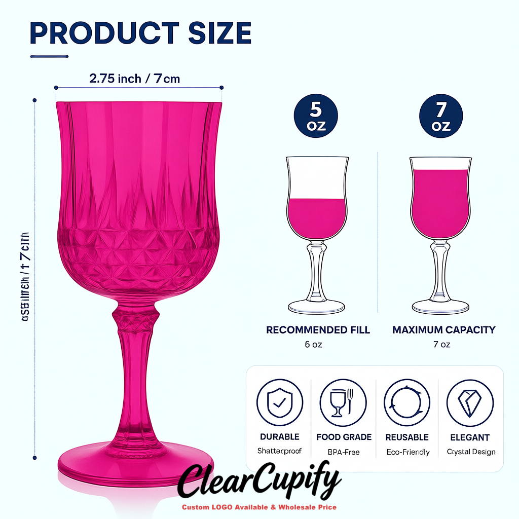 Fuchsia 7oz Acrylic Plastic Wine Goblets - 2.7 x 6.7 inches Party & Wedding Wine Glasses