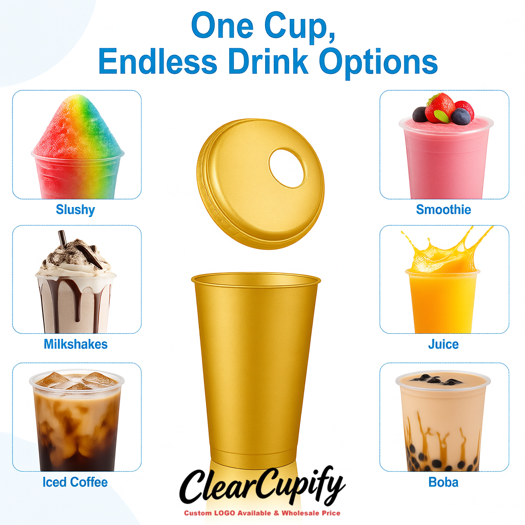 Gold 16 oz Plastic Slushie Cups with Dome Lid & Detachable Spoon Straws for Milkshake, Boba, Smoothies, Iced Coffee