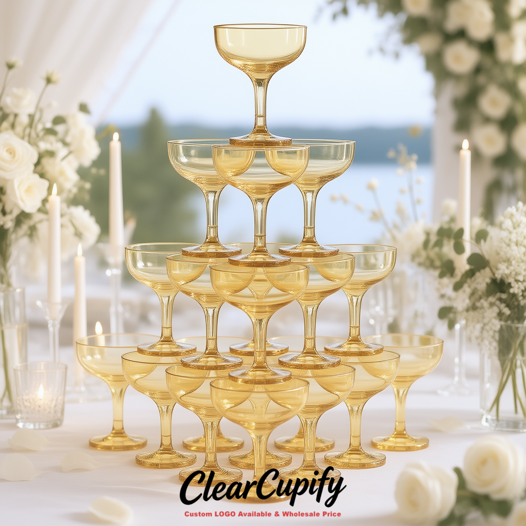 Gold 5oz Stackable Plastic Martini Glasses 4.13x3.14 inches/10.5x8 cm For Champagne Tower