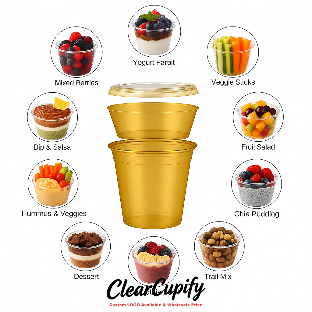 Gold 12 oz Disposable Plastic Parfait Cups with Insert & Flat lids 3.85 x 2.1 x 4 inches