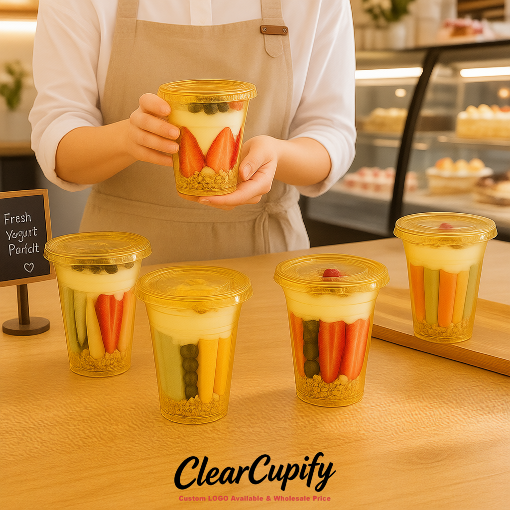Gold 12 oz Disposable Plastic Parfait Cups with Insert & Flat lids 3.85 x 2.1 x 4 inches