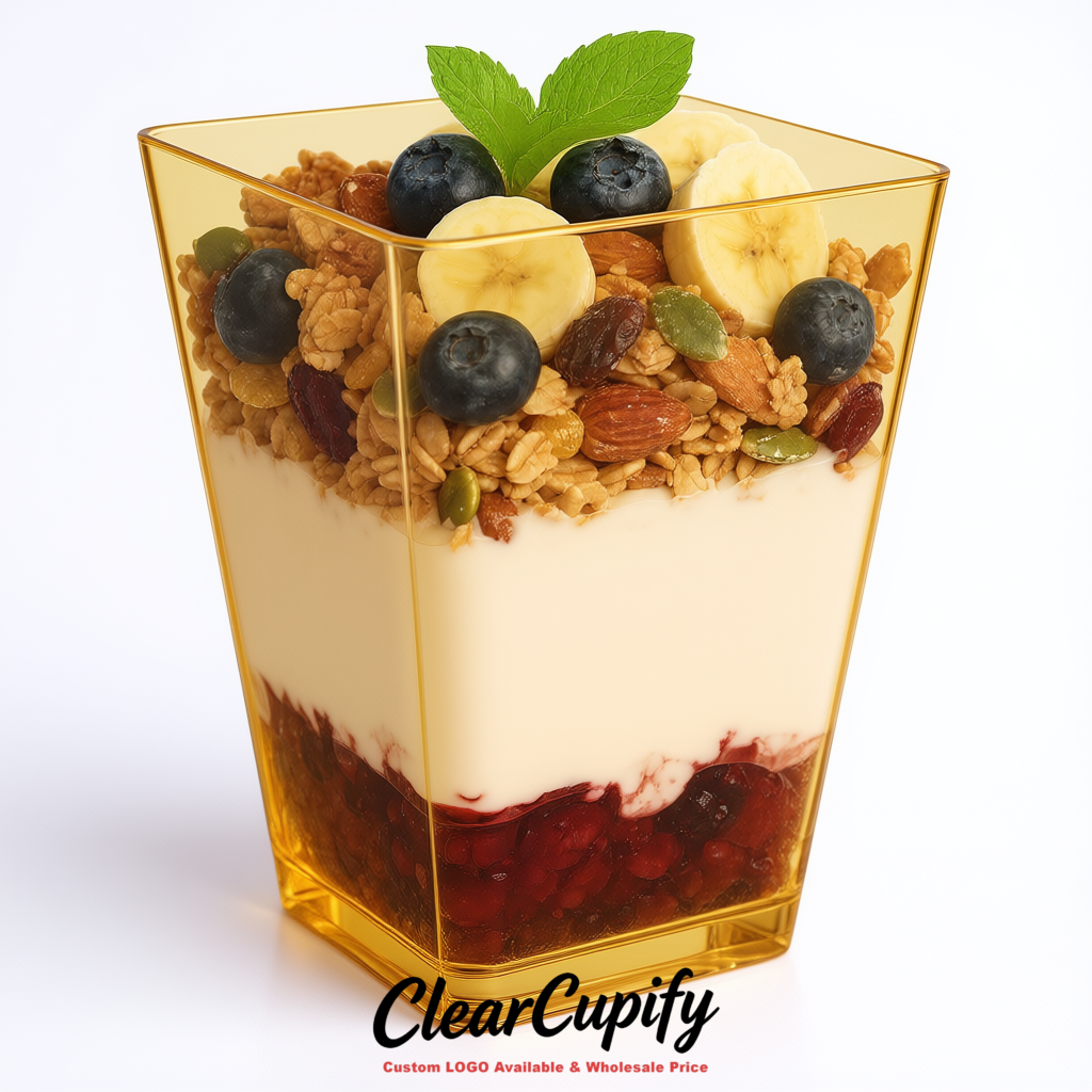 Wholesale Gold 5 oz Square Clear Plastic Dessert Cups with Spoons for Appetizers, Puddings, Mousse, Parfait