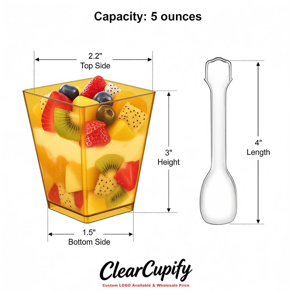 Wholesale Gold 5 oz Square Clear Plastic Dessert Cups with Spoons for Appetizers, Puddings, Mousse, Parfait