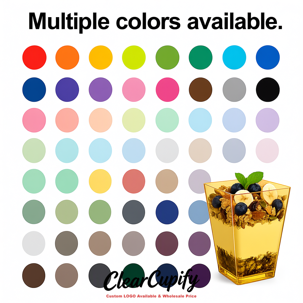 Wholesale Gold 5 oz Square Clear Plastic Dessert Cups with Spoons for Appetizers, Puddings, Mousse, Parfait