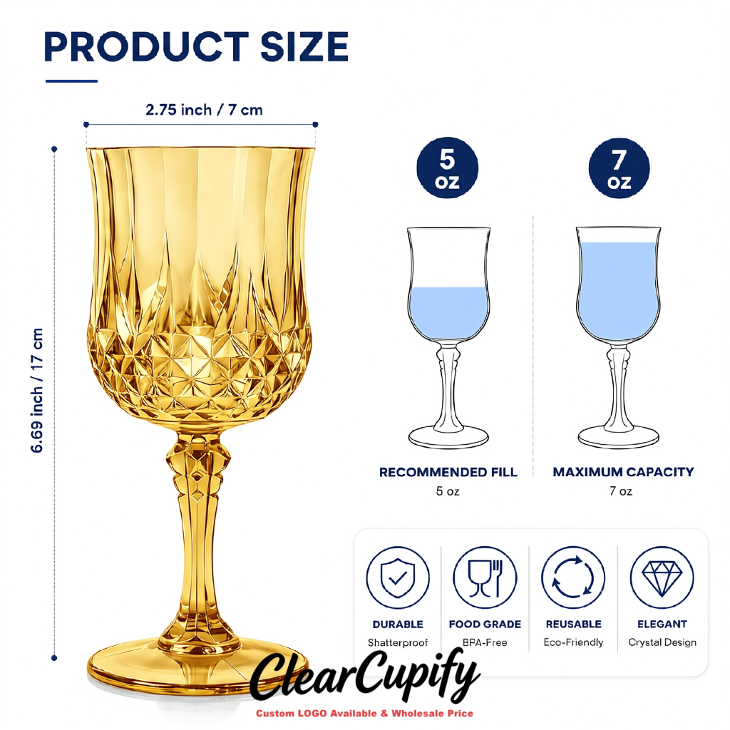 Gold 7oz Acrylic Plastic Wine Goblets - 2.7 x 6.7 inches Party & Wedding Wine Glasses