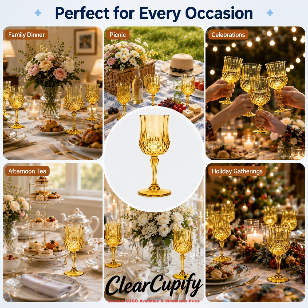 Gold 7oz Acrylic Plastic Wine Goblets - 2.7 x 6.7 inches Party & Wedding Wine Glasses