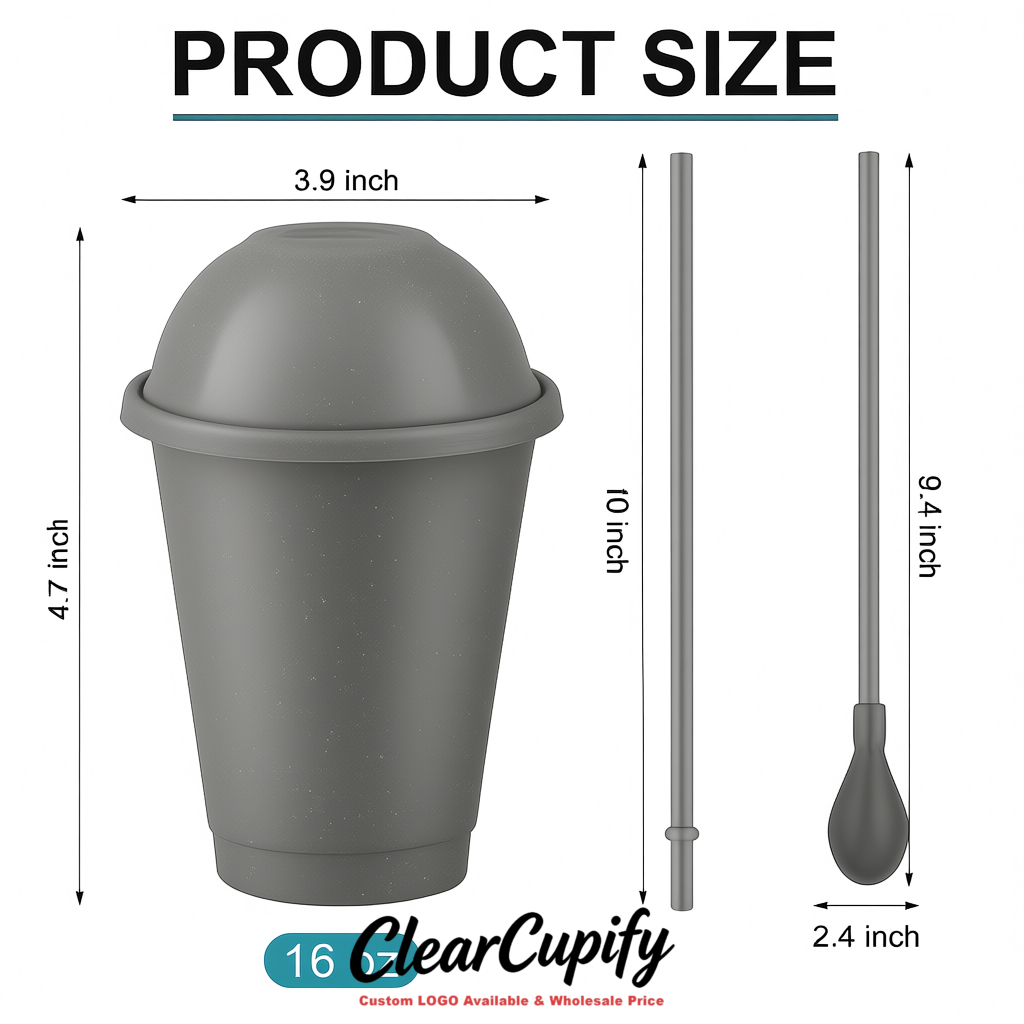 Gray 16 oz Plastic Slushie Cups with Dome Lid & Detachable Spoon Straws for Milkshake, Boba, Smoothies, Iced Coffee