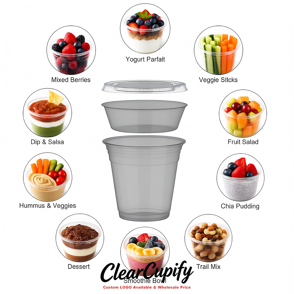 Gray 12 oz Disposable Plastic Parfait Cups with Insert & Flat lids 3.85 x 2.1 x 4 inches