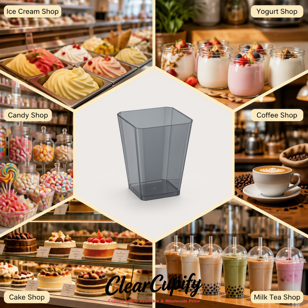 Wholesale Gray 5 oz Square Clear Plastic Dessert Cups with Spoons for Appetizers, Puddings, Mousse, Parfait