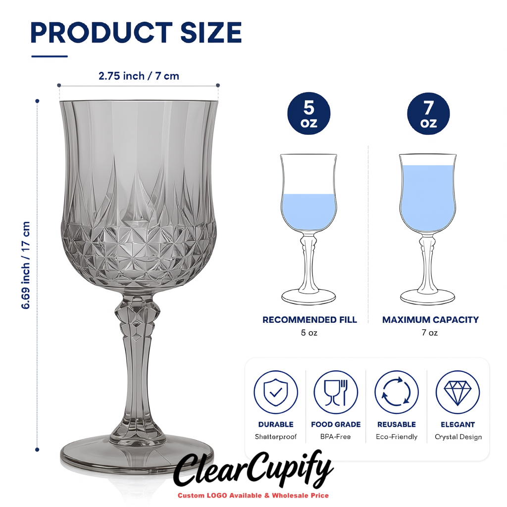 Gray 7oz Acrylic Plastic Wine Goblets - 2.7 x 6.7 inches Party & Wedding Wine Glasses