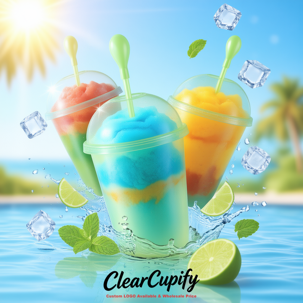 Green 16 oz Plastic Slushie Cups with Dome Lid & Detachable Spoon Straws for Milkshake, Boba, Smoothies, Iced Coffee